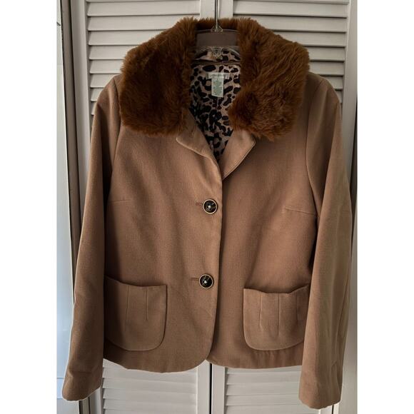 Laura Ashley Jacket/Coat Beige Leopard Print L Lining Removable Faux Fur Collar - Picture 1 of 5